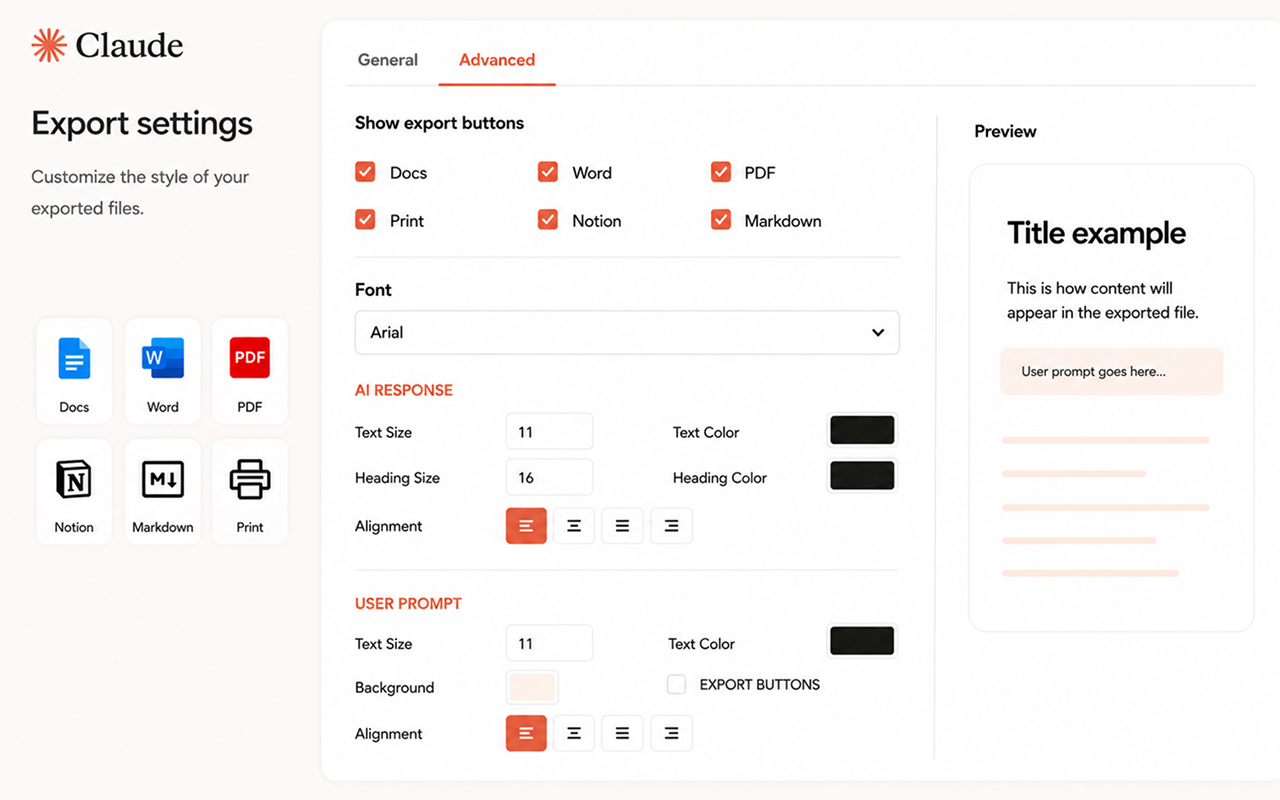 Advanced export settings panel for Claude Chat Exporter