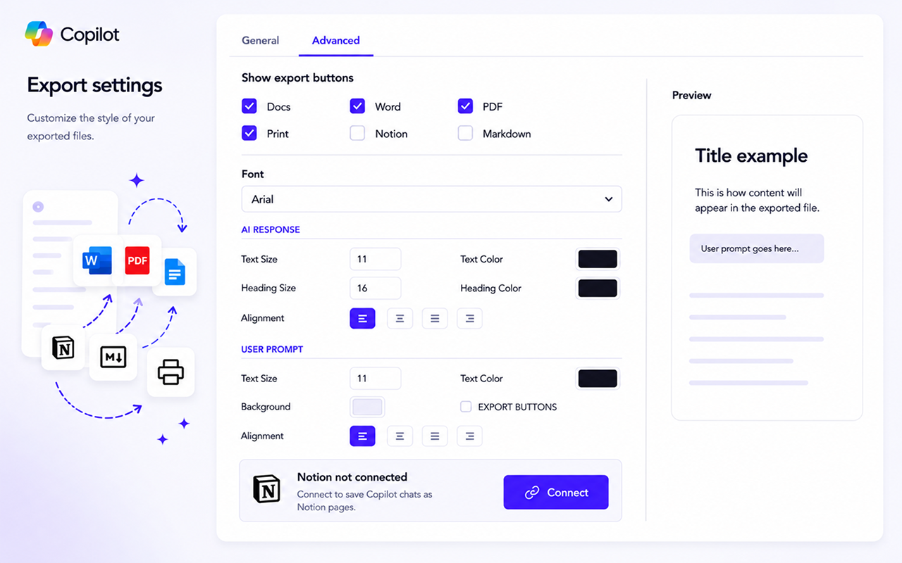 Advanced export settings panel for Copilot Chat Exporter