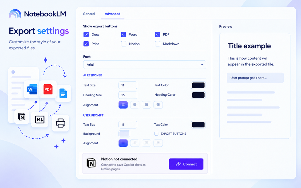 Advanced export settings panel for NotebookLM Chat Exporter